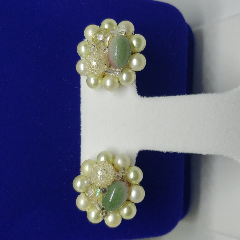 Vintage clip earrings pearl cluster tourmaline iridescent bead